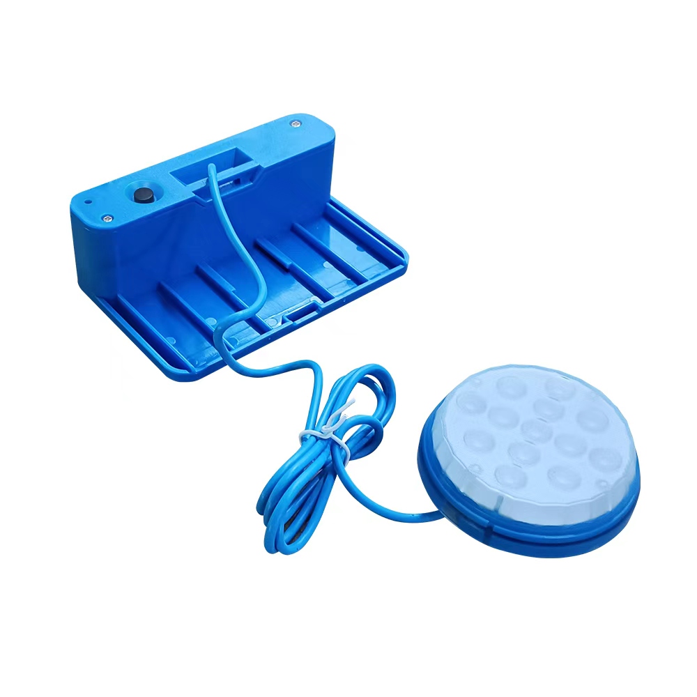 Back view of solar panel mounting bracket and wired LED submersible pool light