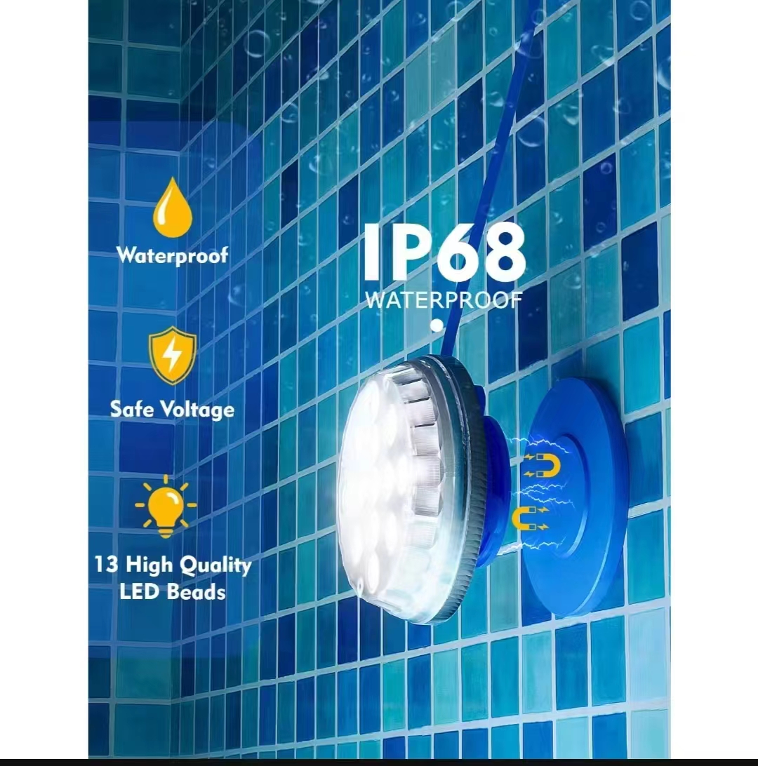 IP68 waterproof solar pool light magnetically mounted to underwater tiles